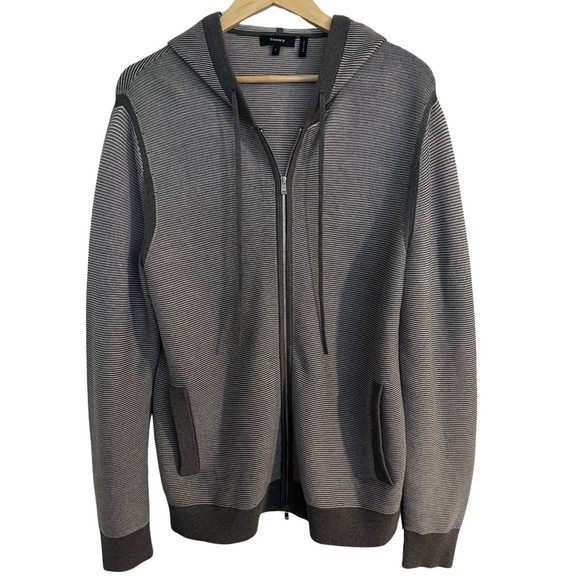 Theory Gray White Striped MELKER ECO BREACH Mens Zip Up Hoodie SZ L Luxury NWOT - Picture 1 of 6